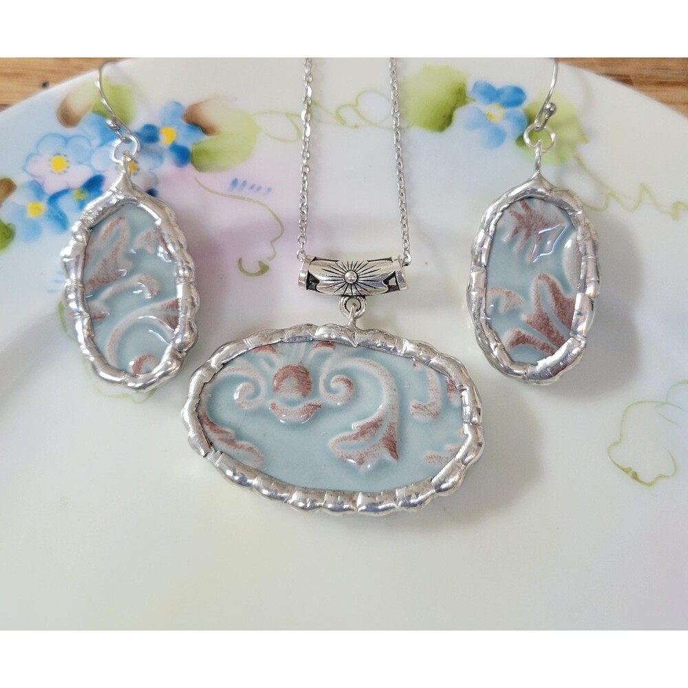 Broken China Jewelry Set  Soft Soldered Ceramic Scrollwork Necklace & Earrings